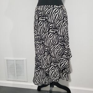Y2K 100% Silk Zebra Print Asymmetrical Maxi Skirt - Black & White Size 16